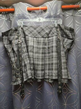 Gray and Black Plaid Skirt with Straps and Chains
